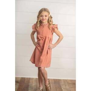 Kids Blush Ruffle Sleeve Button Bow Dress
